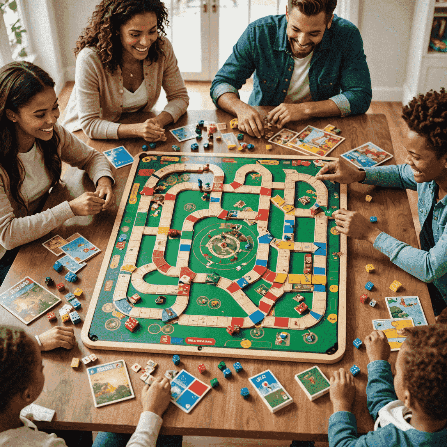 Various colorful board games laid out on a table, with families playing and laughing together