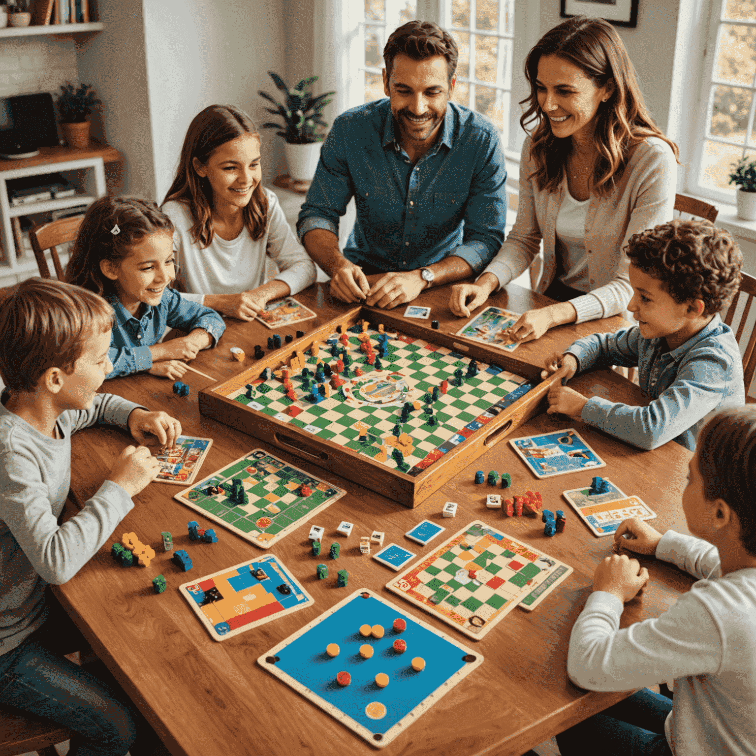 A collection of colorful board games arranged on a family dining table, with excited children and parents gathered around, ready to start their game night