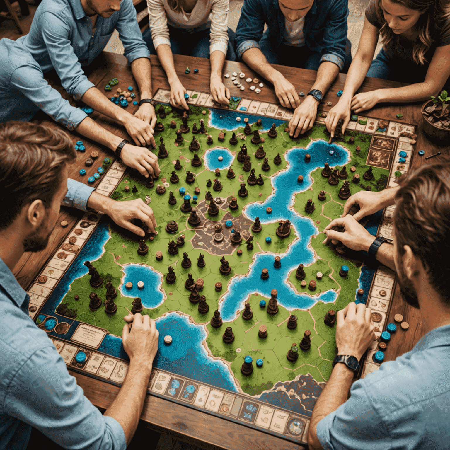 A group of people intensely focused on a complex strategy board game, with game pieces scattered across an intricate board. The image showcases the depth and complexity of strategy games.