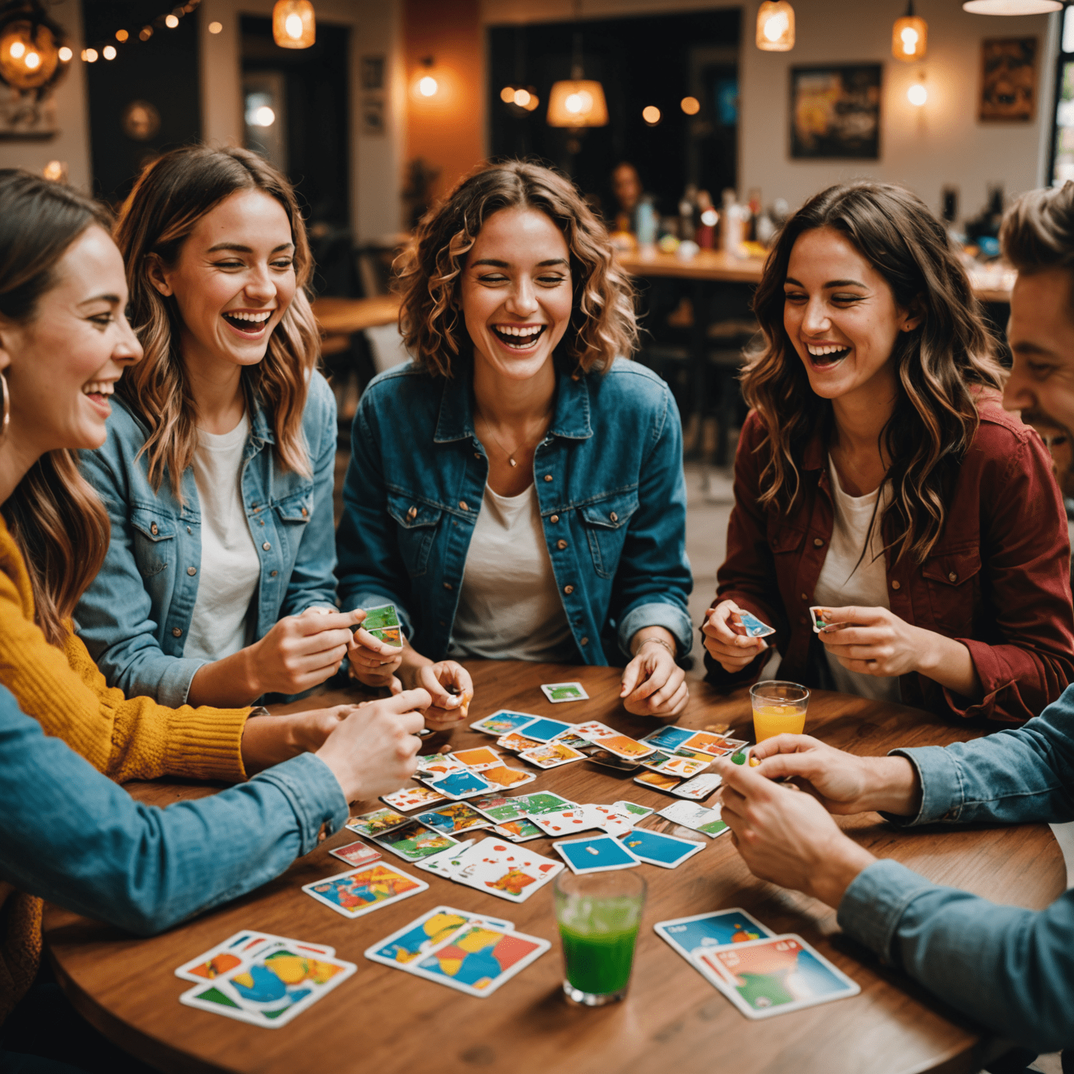 A group of friends laughing and playing a colorful card game at a table with drinks and snacks nearby. The scene is vibrant and energetic, showcasing the joy of quick party games.