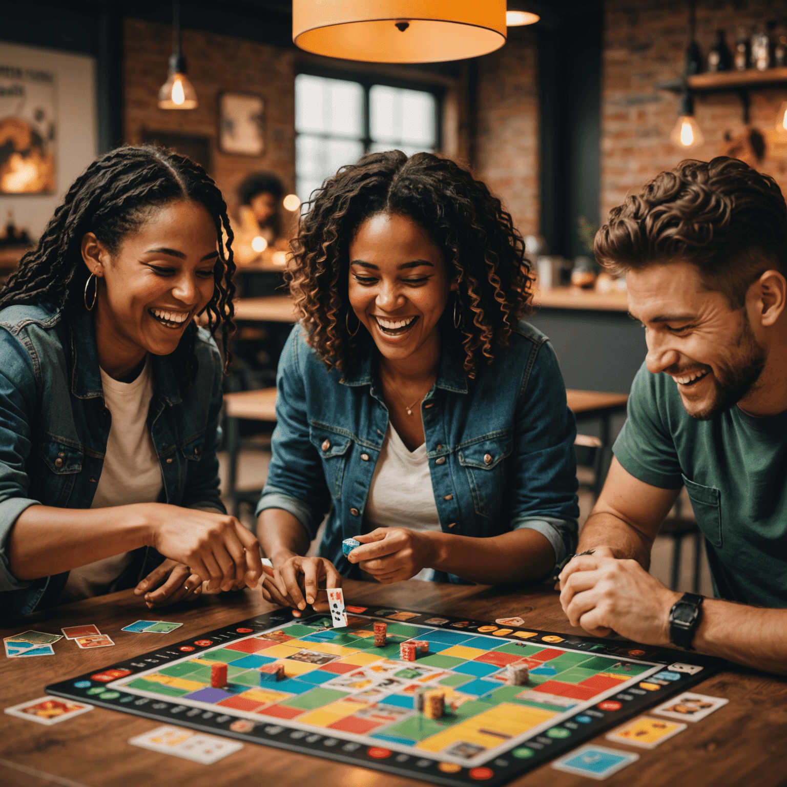 A group of diverse friends laughing while playing a colorful board game on a sleek, industrial-style table. The image showcases various game pieces and cards scattered across the board, with warm lighting creating a cozy atmosphere.