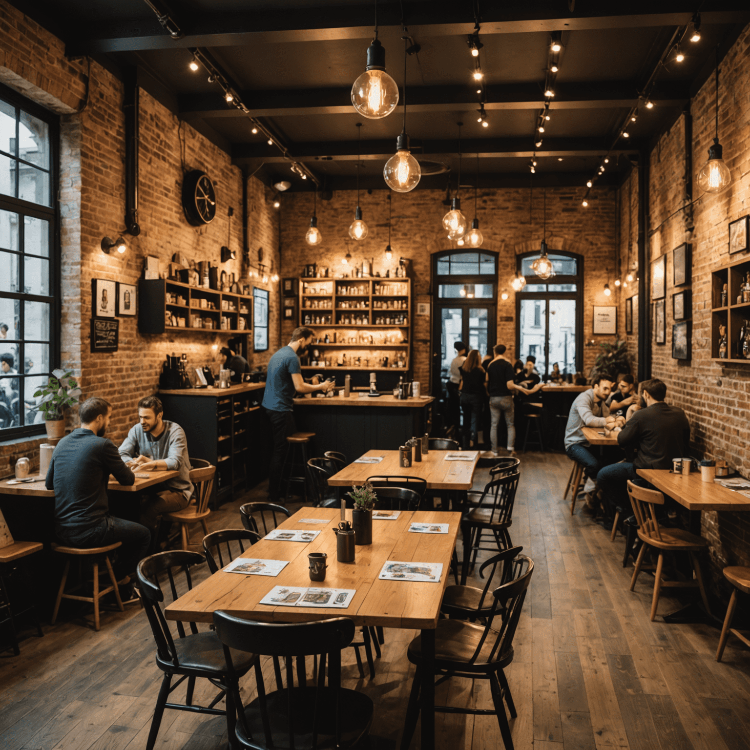 A bustling board game café in Paris, with people of all ages gathered around tables playing various games. The café has industrial-chic decor with exposed brick walls and Edison bulbs hanging from the ceiling.