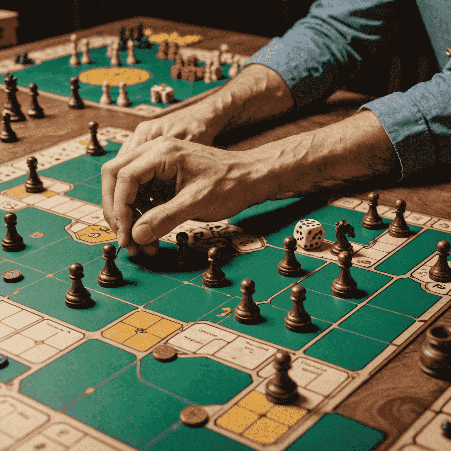 Close-up of a complex strategy board game with intricate pieces and a player deep in thought