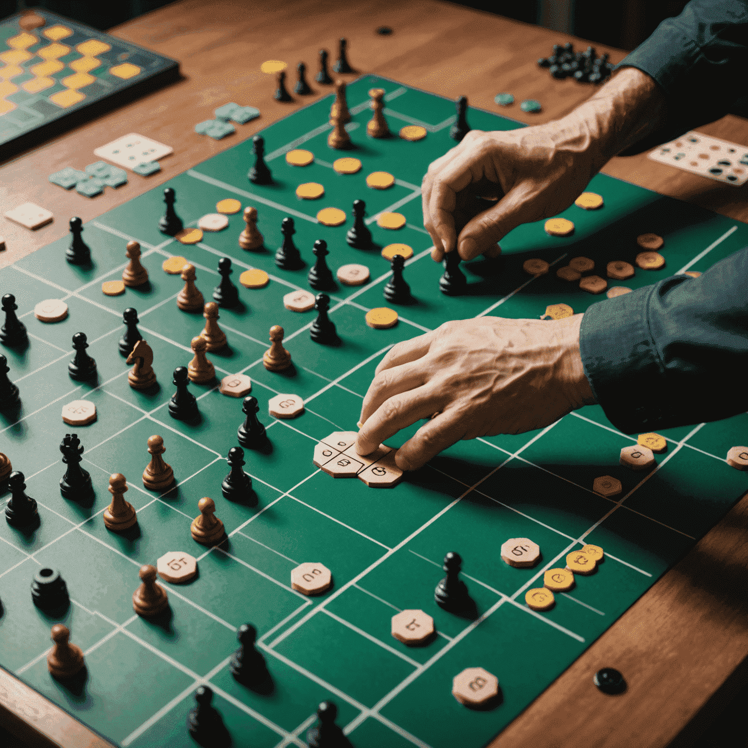 A close-up of hands moving pieces on a strategy game board, with intense concentration visible. The image highlights the mental engagement and tactical decision-making involved in strategy games.