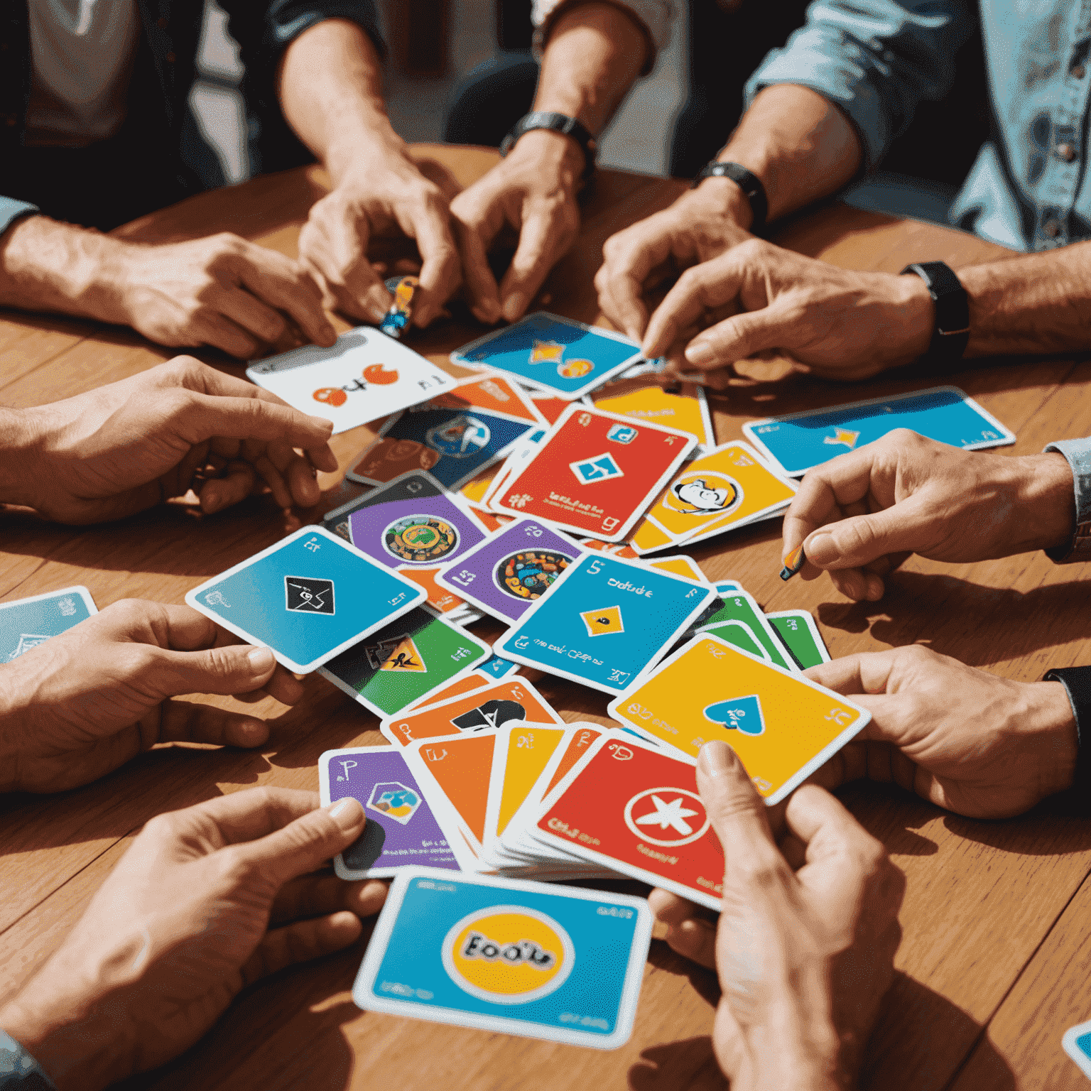 Close-up of hands holding Dobble cards, showcasing the colorful symbols. The background is blurred, showing excited players gathered around a table.