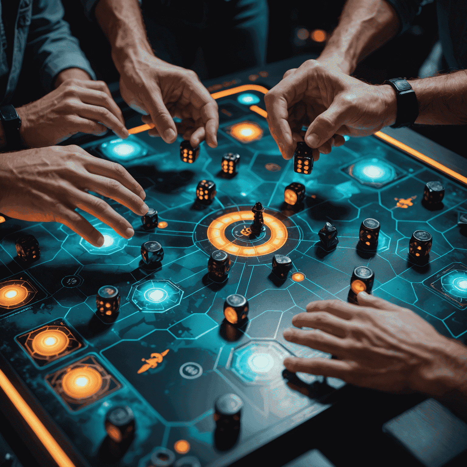 Close-up of hands moving pieces on a strategy board game, with a futuristic, glowing game board design. The image shows multiple players' hands, suggesting collaborative gameplay.