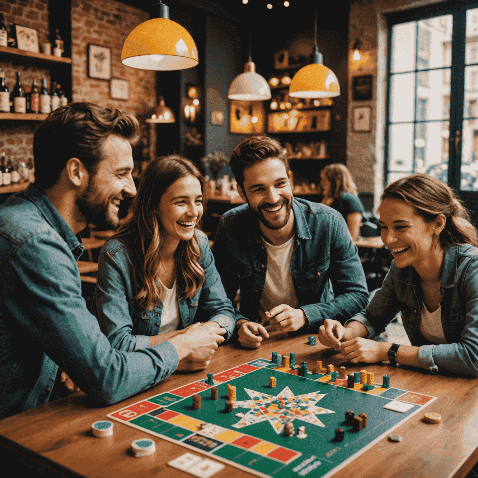 A group of friends laughing and playing a strategic board game at a trendy café in Lyon. The table is filled with colorful game pieces, cards, and dice.