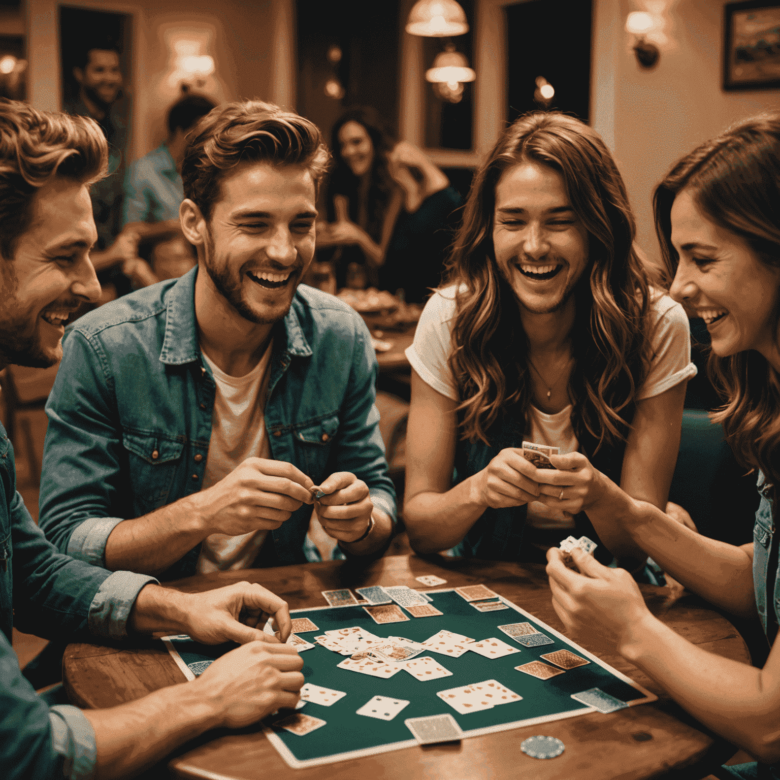 A group of friends laughing and playing a fast-paced card game at a lively party