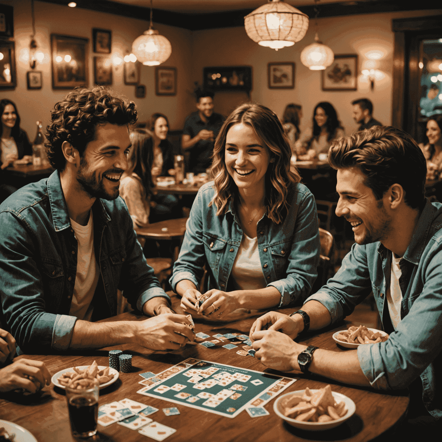 A lively party scene with a group of friends laughing and playing a fast-paced card game, surrounded by snacks and drinks