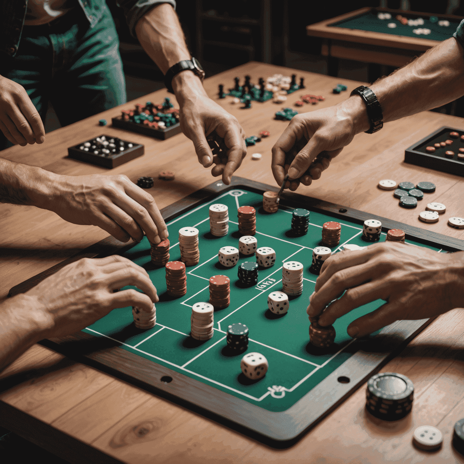 A tense moment in a dexterity game, with players' hands carefully maneuvering game pieces. The background shows a sleek, modern game room with industrial design elements.