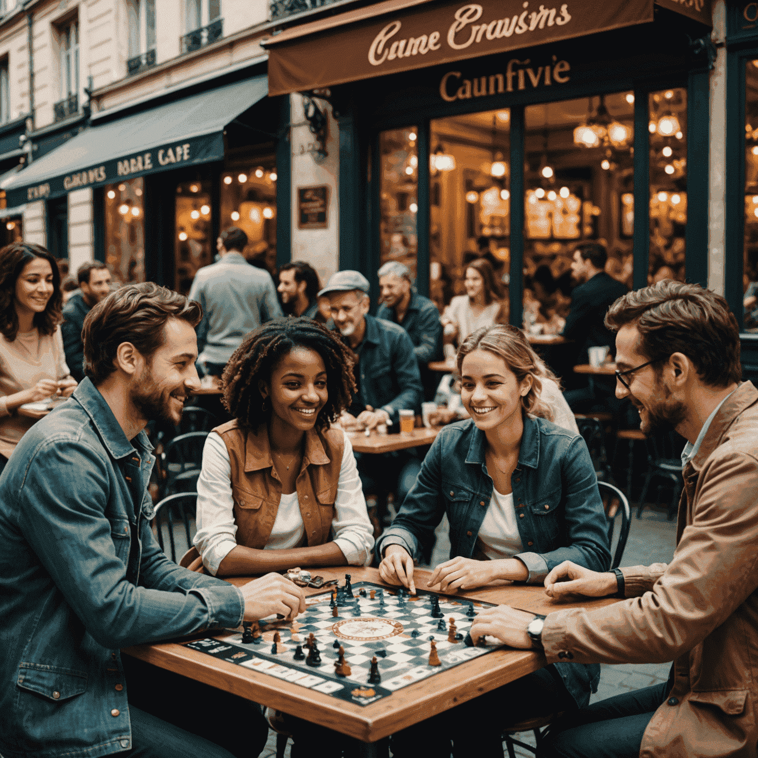 A diverse group of people engaged in a lively board game tournament at a Parisian café. The scene is filled with excitement, strategy boards, and a mix of traditional and modern games.