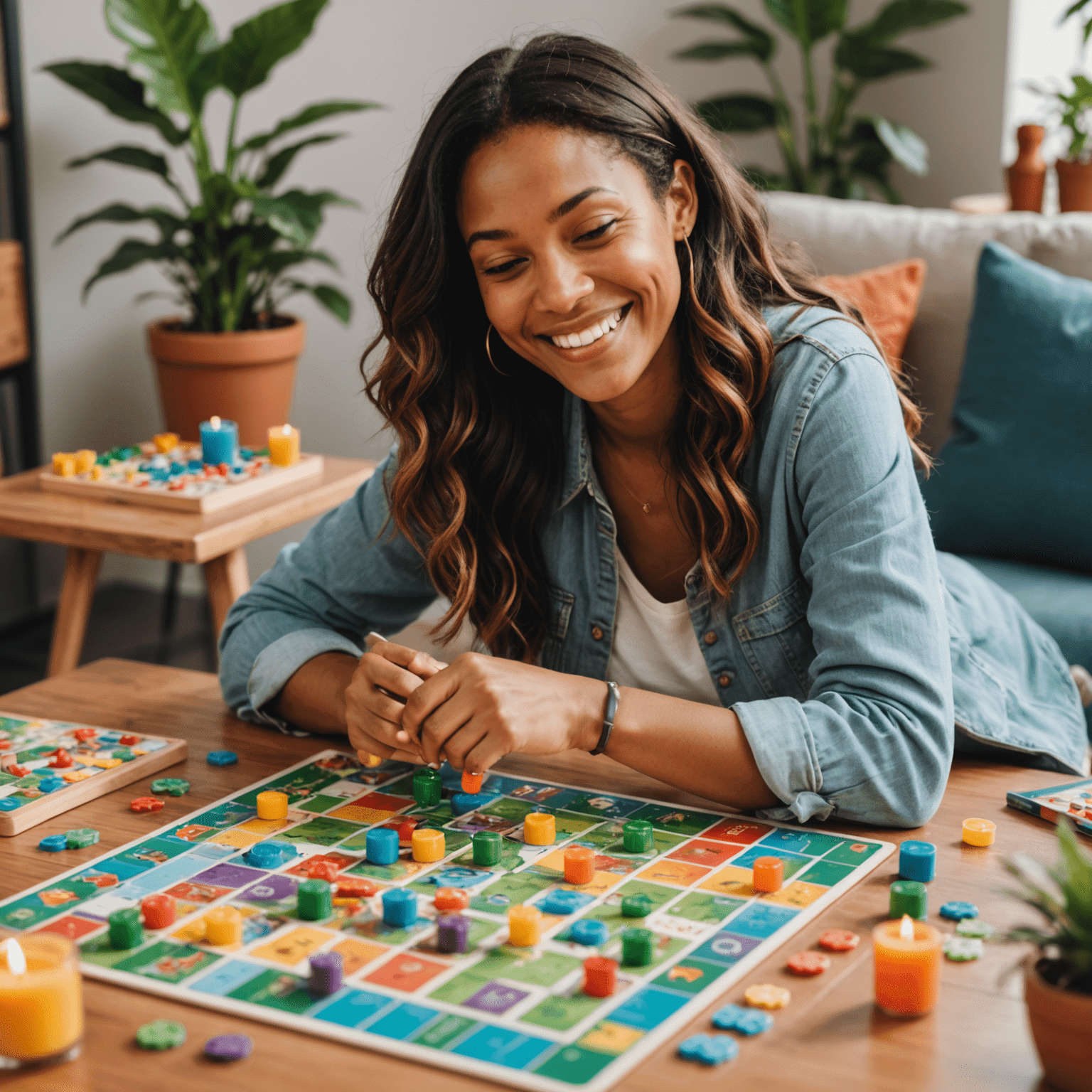 A person smiling and relaxing while playing a colorful, uplifting board game, with stress-relief items like aromatherapy candles and plants in the background