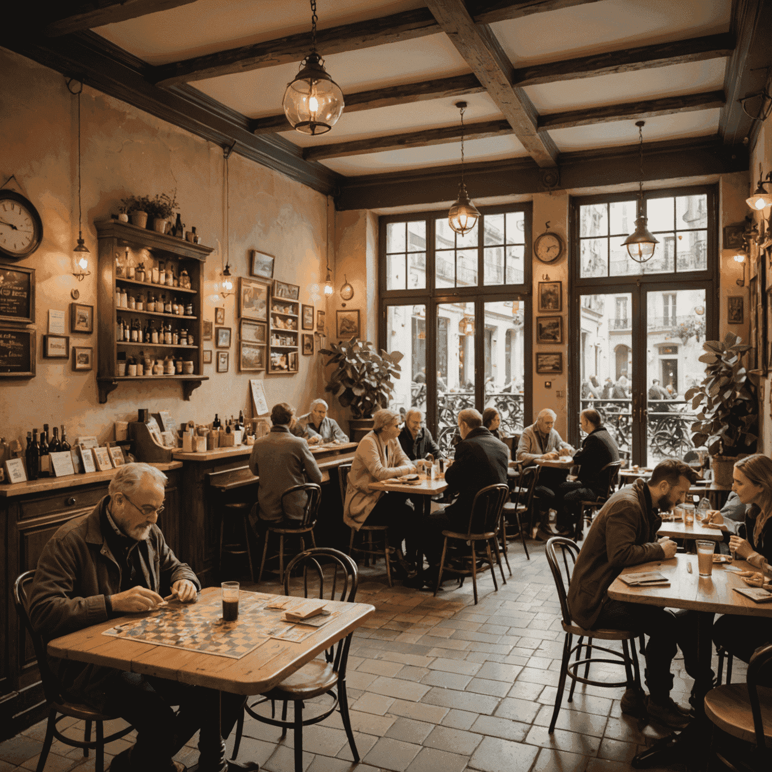 A cozy French café interior with multiple tables set up for board games, featuring French decor and a diverse group of people enjoying various games